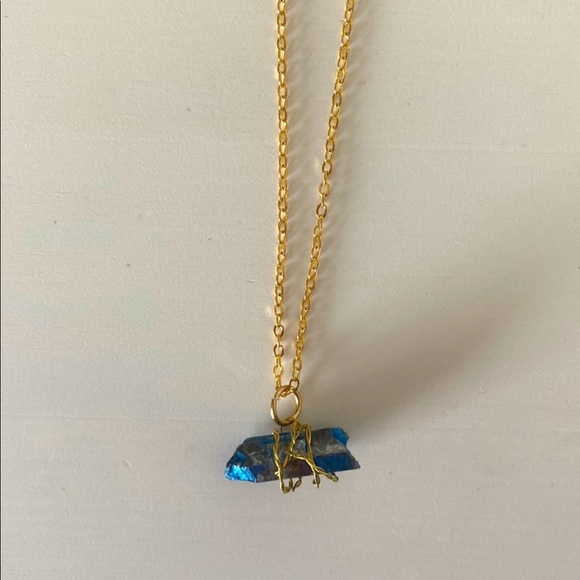 Gold Wire Wrapped Rainbow Crystal Quartz Bullet Pendant on Gold Chain Necklace - Picture 3 of 5